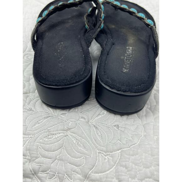 Minnetonka Women's Size 8 Blue/Black Faux Turquoise T-Post Wedge Sandals Comfort - Picture 7 of 10